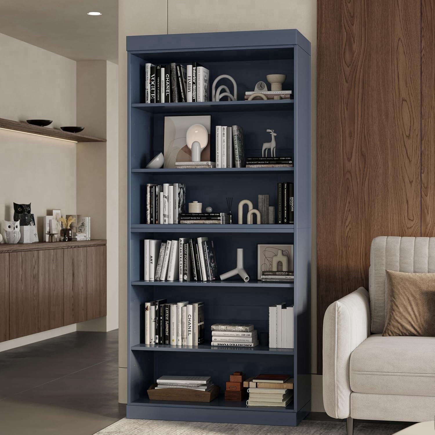 Solid Wood Bookcase - Stackable Modular 6 Tier Bookshelf - 71.5" Tall x 32" Wide - Antique Blue Book Shelf w/ Adjustable Shelves, Open Display Book Case for Living Room, 100% Eco-Friendly Wood