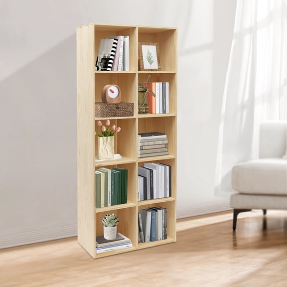 Solid Wood Bookshelf, 10-Cubby Storage Organizer with Adjustable Vertical/Horizontal Design