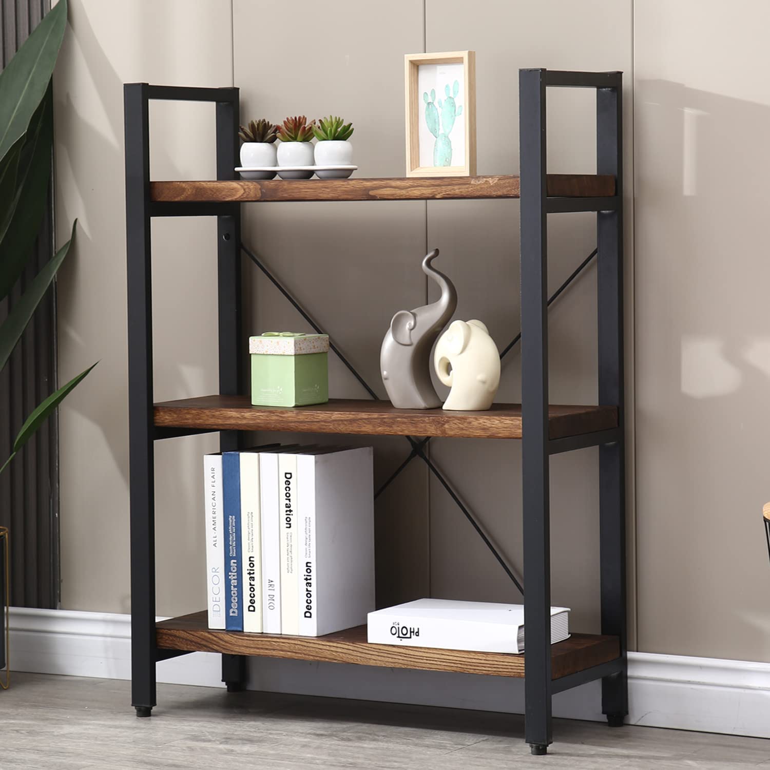 Solid Wood Bookshelf,4 Tier Rustic Vintage Industrial Etagere Bookcase