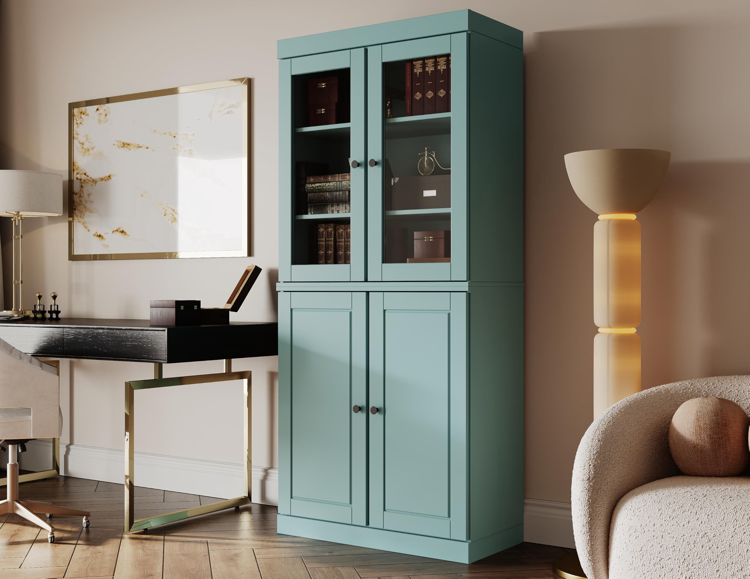 Solid Wood Bookshelf Cabinet - 6 Tier Bookcase w/ Glass Top & Raised ...
