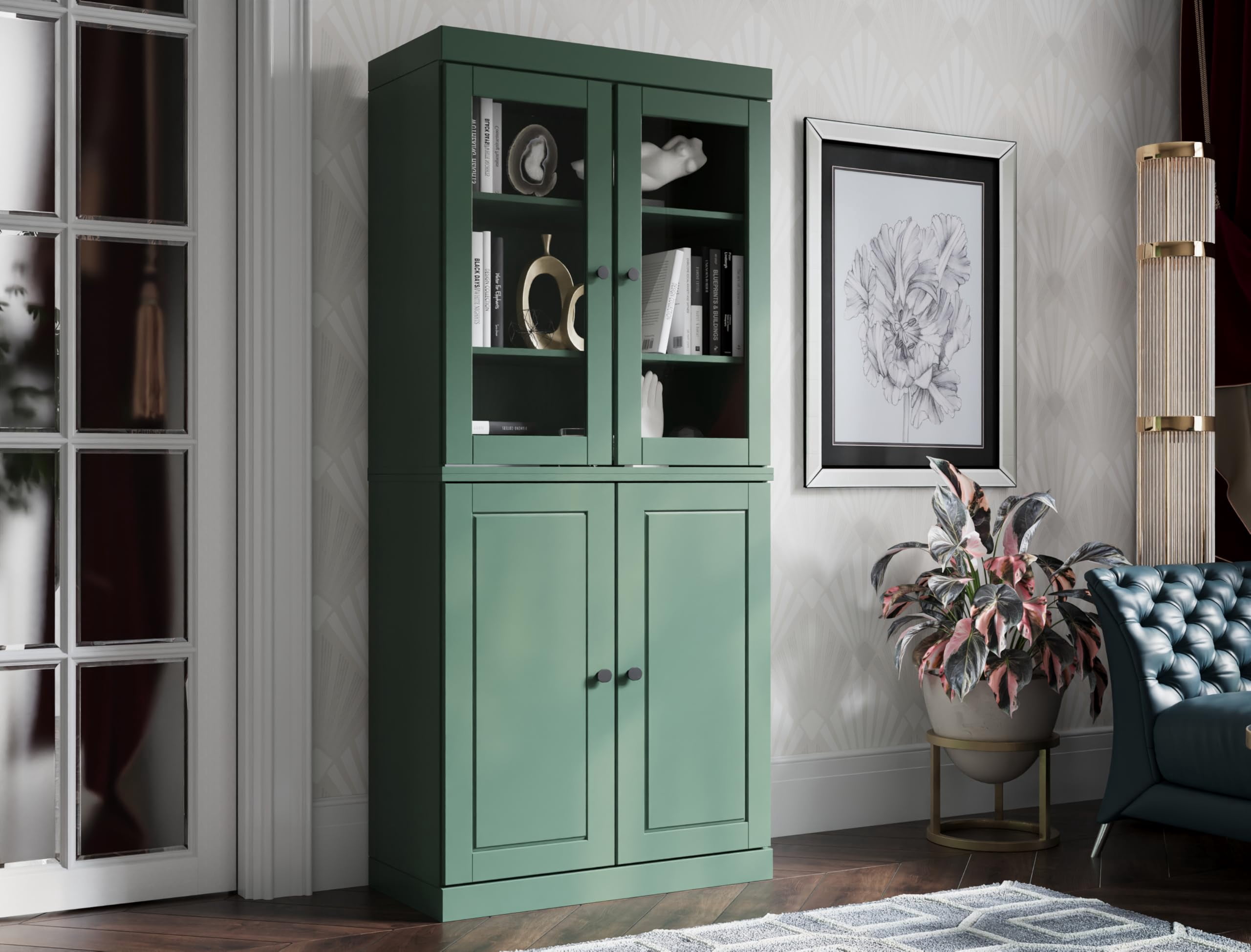 Solid Panel Rooftop Sign Solid Wood Bookshelf Cabinet - 6 Tier Bookcase w/ Glass Top & Raised ...