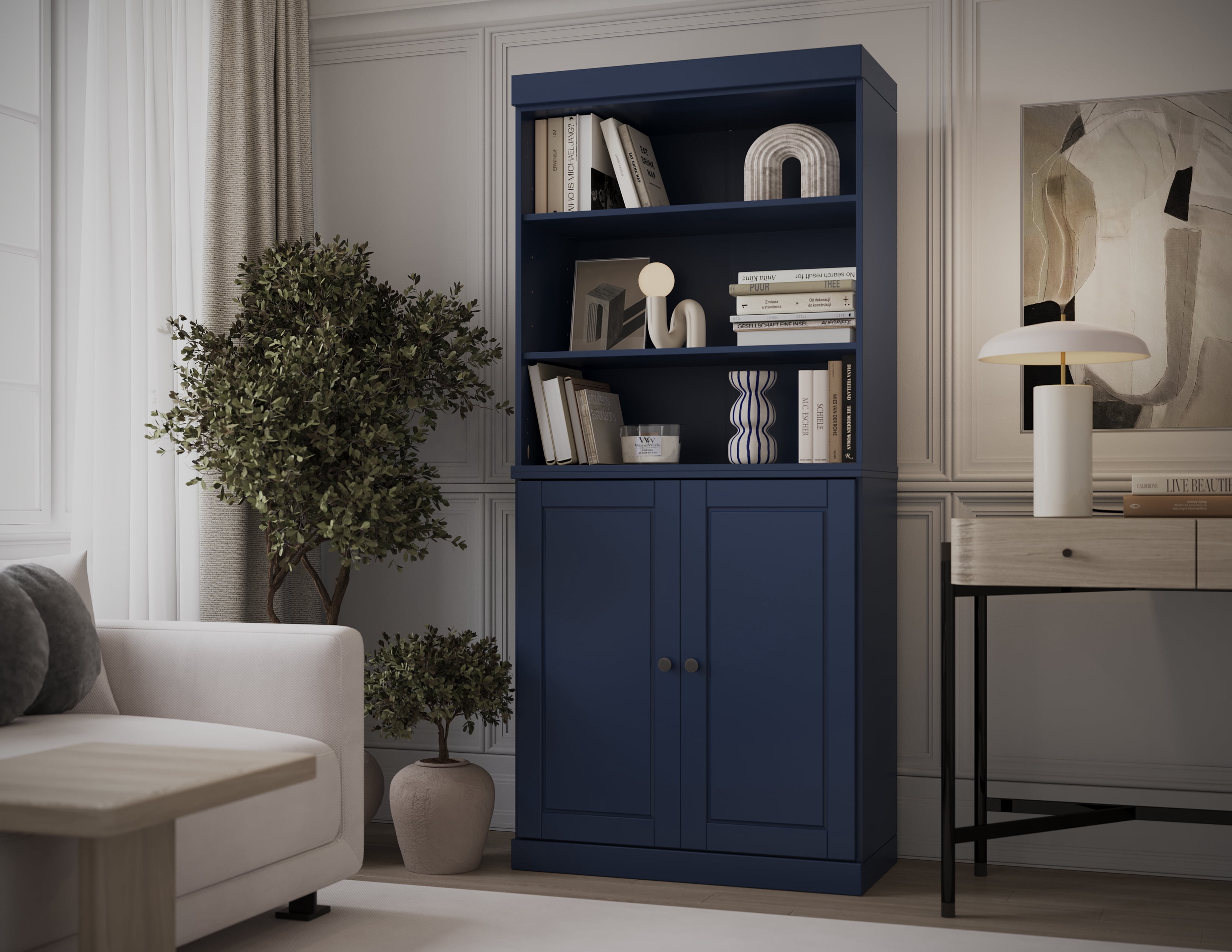 Solid Panel Rooftop Sign Solid Wood Bookshelf Cabinet - 6 Tier Bookcase w/ Open Top & Raised ...