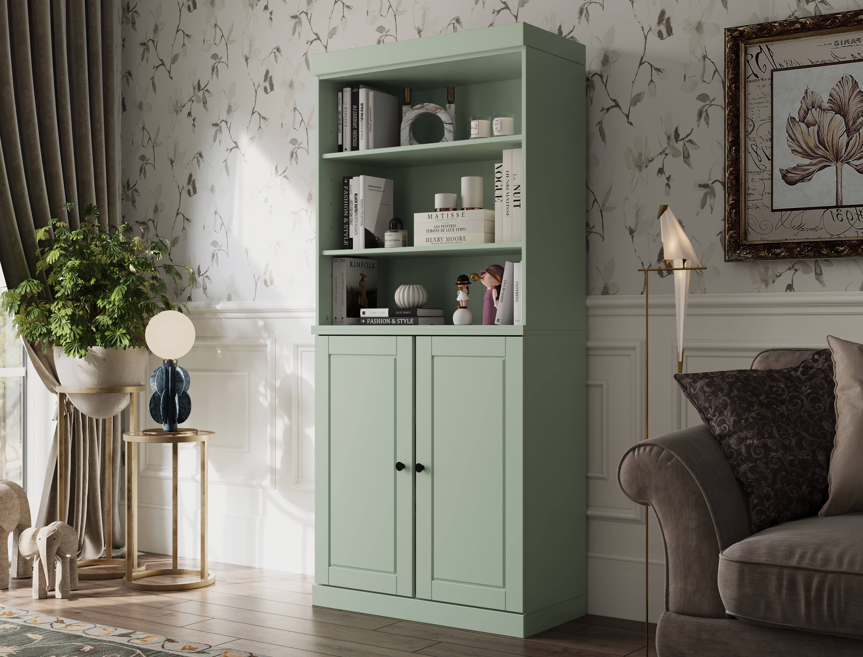 Solid Panel Rooftop Sign Solid Wood Bookshelf Cabinet - 6 Tier Bookcase w/ Open Top & Raised ...
