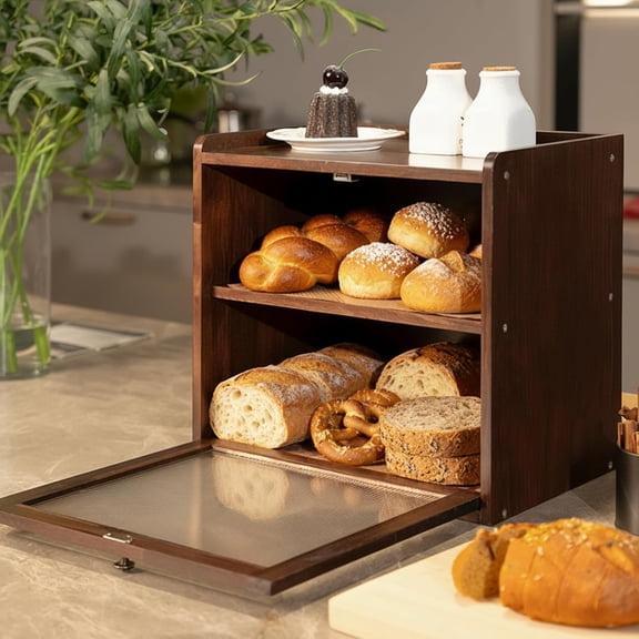 Solid Wood Bread Box for Kitchen Countertop with 50 Deli Papers, Double Layer Large Capacity Wooden Breadbox Container Storage Bin, Vintage Farmhouse Bread Keeper, Brown