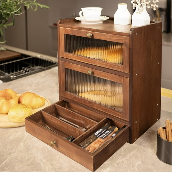 Solid Wood Bread Box for Kitchen Countertop with Drawer, 2-Tier Large Wooden Bread Storage Bin with Cutlery Organizer, Farmhouse Bread Keeper for Homemade Bread, Brown (50 Deli Papers)