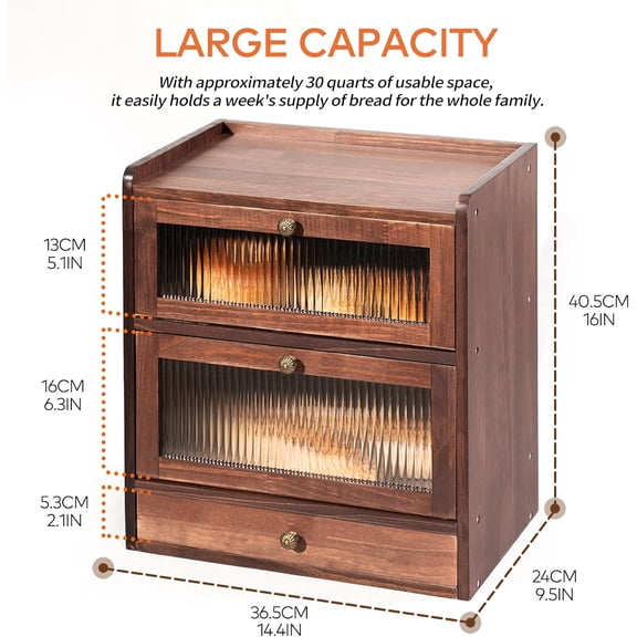 Solid Wood Bread Box with Drawer, 2-Tier Large Wooden Storage Bin for Kitchen Countertop, Acrylic Wave Window, Brown