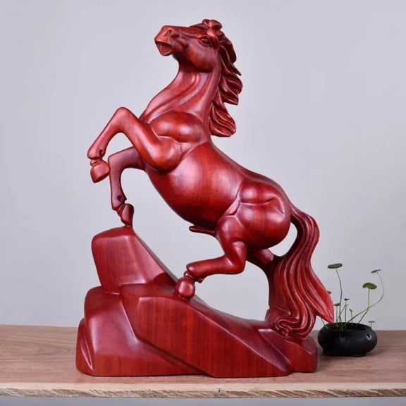 Solid Wood Brown Red Horse Statue