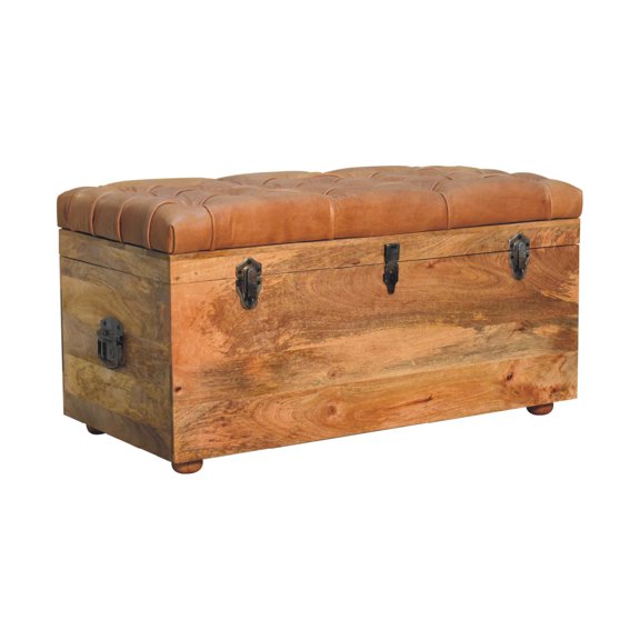 Solid Wood Buffalo Hide Oak-ish Storage Trunk, Leather Upholstered, Brown and Tan