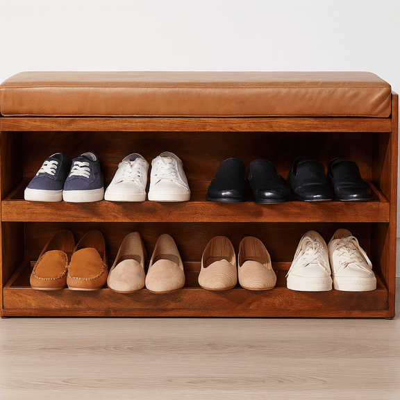 Solid Wood Buffalo Hide Pull-Out Chestnut Shoe Storage Bench