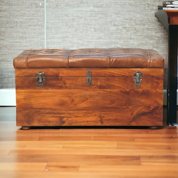 Solid Wood Buffalo Leather Upholstered Hide Chestnut Storage Trunk, Tan & Brown