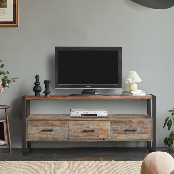 Solid Wood Build | 3-Drawer TV Console with Open Shelf | Secure Media Storage