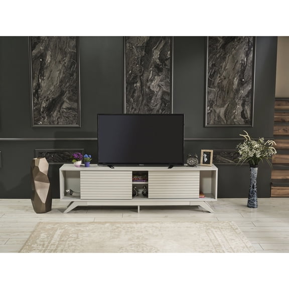 Solid Wood Build - 67-inch Grey Mid Century TV Stand with Shelves for Home Theater