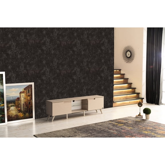 Solid Wood Build | Fits 66 - inch TVs in Living Rooms | Aesthetic Mid Century Design with Beige Finish