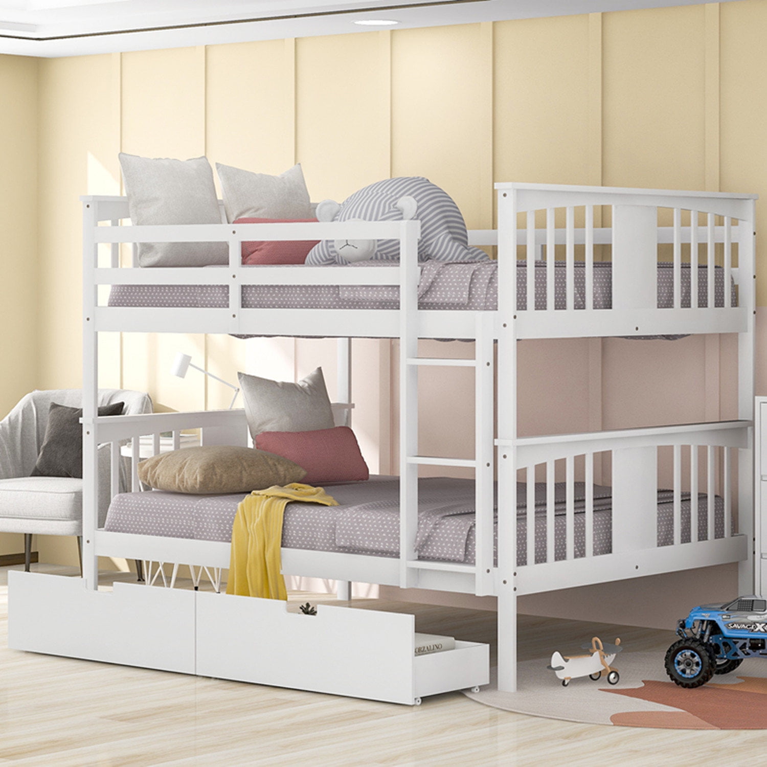 Solid Wood Bunk Bed with Ladder and Safety Guardrails, Full Over Full