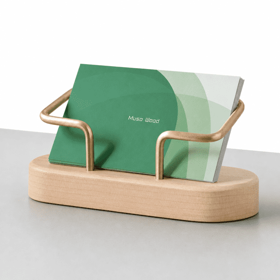 Solid Wood Business Card Holder for Desk, Open U-Shaped Brass Stand, Cherry Base Display Rack for Office Storefront, Holds 75 Cards, Light Luxury Style.