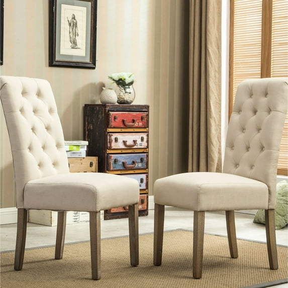 Solid Wood Button - Tufted Dining Chairs, Set of 2, Tan Color / Facilitate Comfortable Dining
