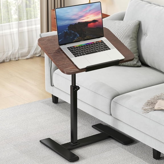 Solid Wood C Shaped Side Table Adjustable Height with Hidden Wheels, 360Swivel Couch End Table That Slide Under, Rolling Laptop Stand TV Tray Dinner Coffee Table for Sofa/Bed(Walnut)
