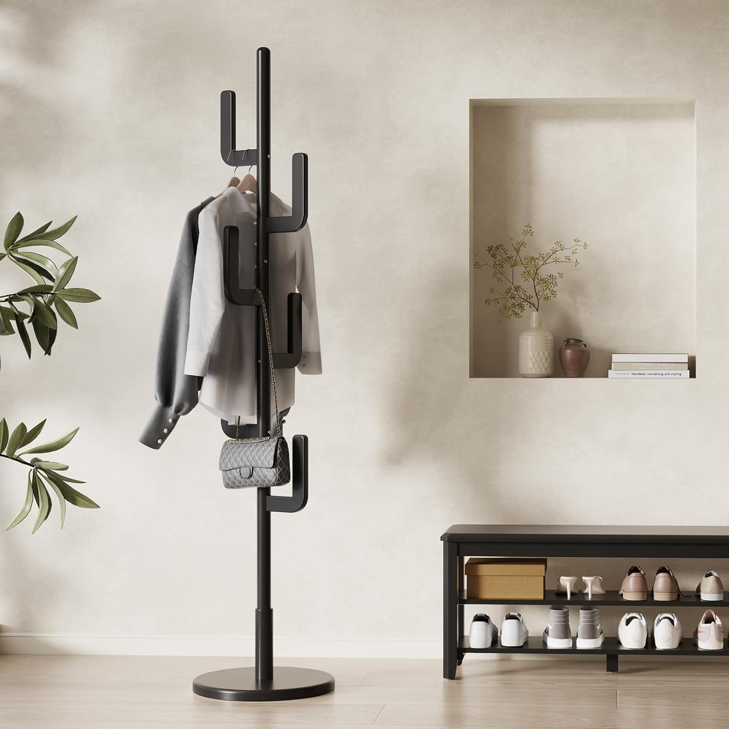 Solid Wood Cactus Coat Rack, Freestanding Coat Rack With 6 L-Shaped ...