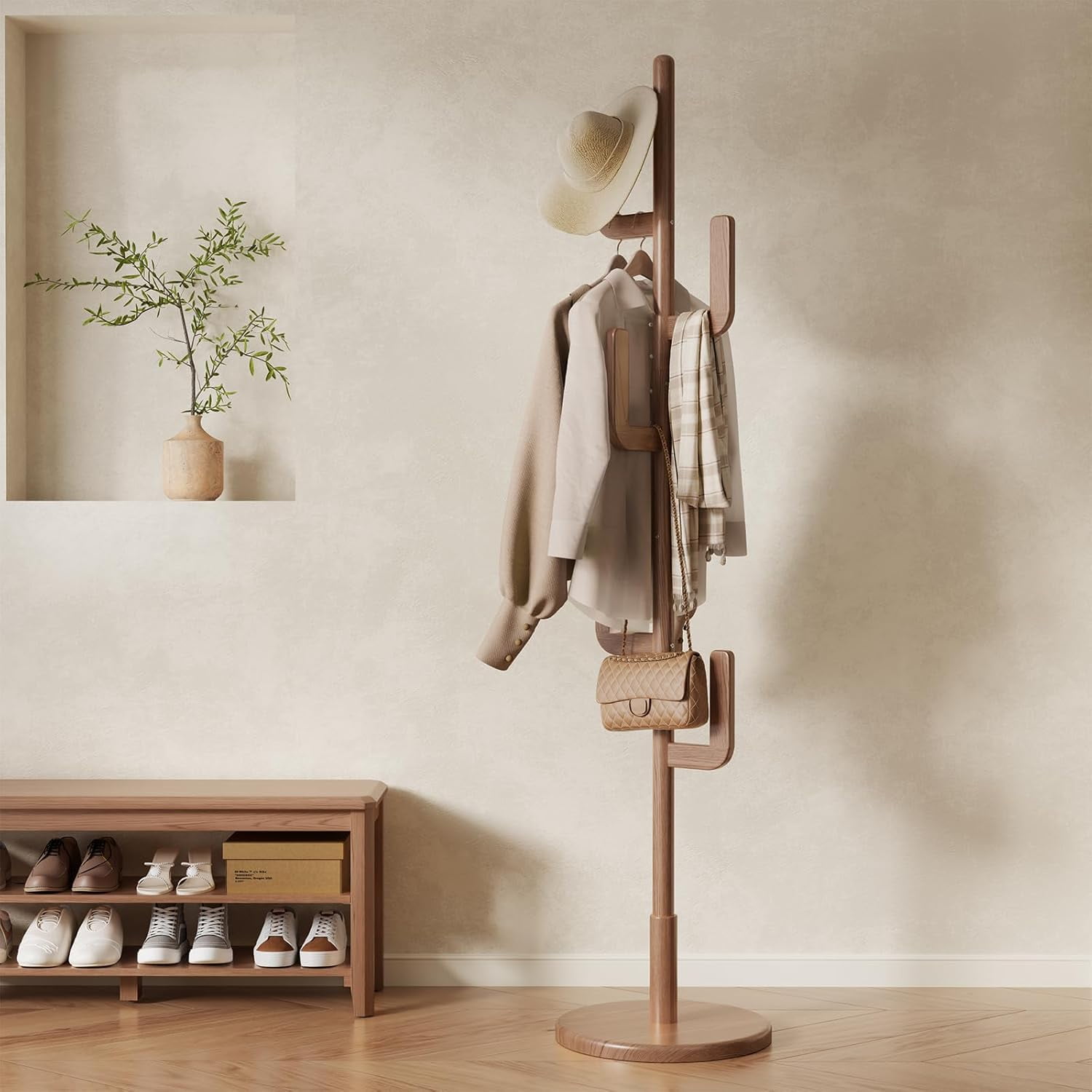 Solid Wood Cactus Coat Rack, Freestanding Coat Rack With 6 L-Shaped ...