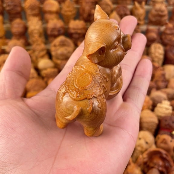 Solid Wood Carved Zodiac Pig Figurine Lucky Pig Small Ornament Traditional Craft Desktop Decoration Feng Shui Animal