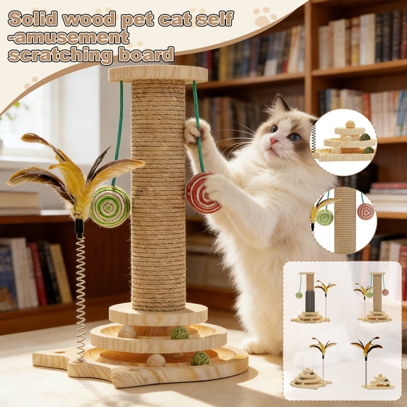 Solid Wood Cat Toy Set, Durable Turntable with Catnip Wand & Scratching Post, Interactive Self-Play Cat Toy for Boredom Relief, Suitable for Indoor Cat Enrichment & Claw Care A