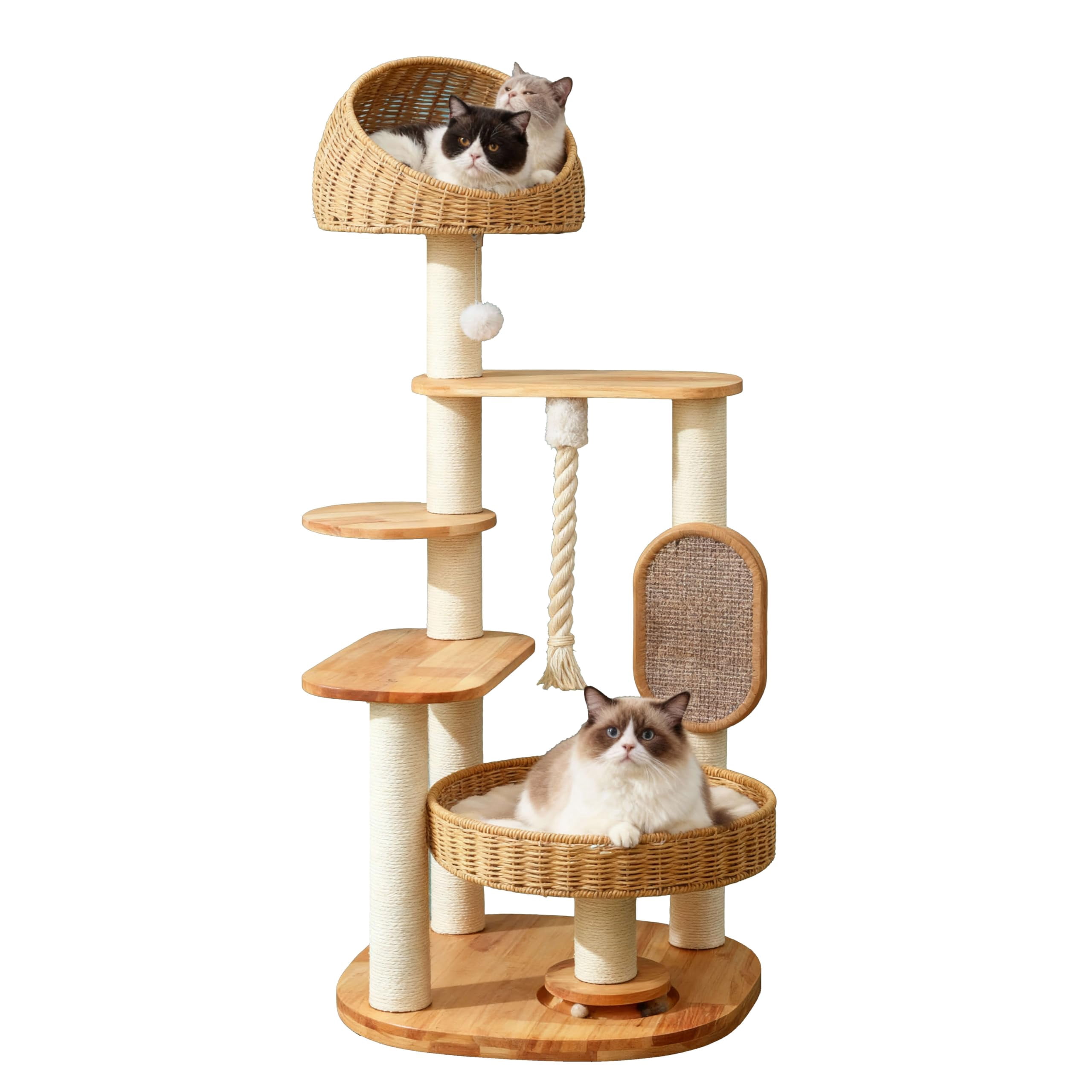 Solid Wood Cat Tree For Large  50-inch Tall Tower Indoor Cats With Multi-level Condo Handwoven Basket Sturdy Houses Easy To Clean