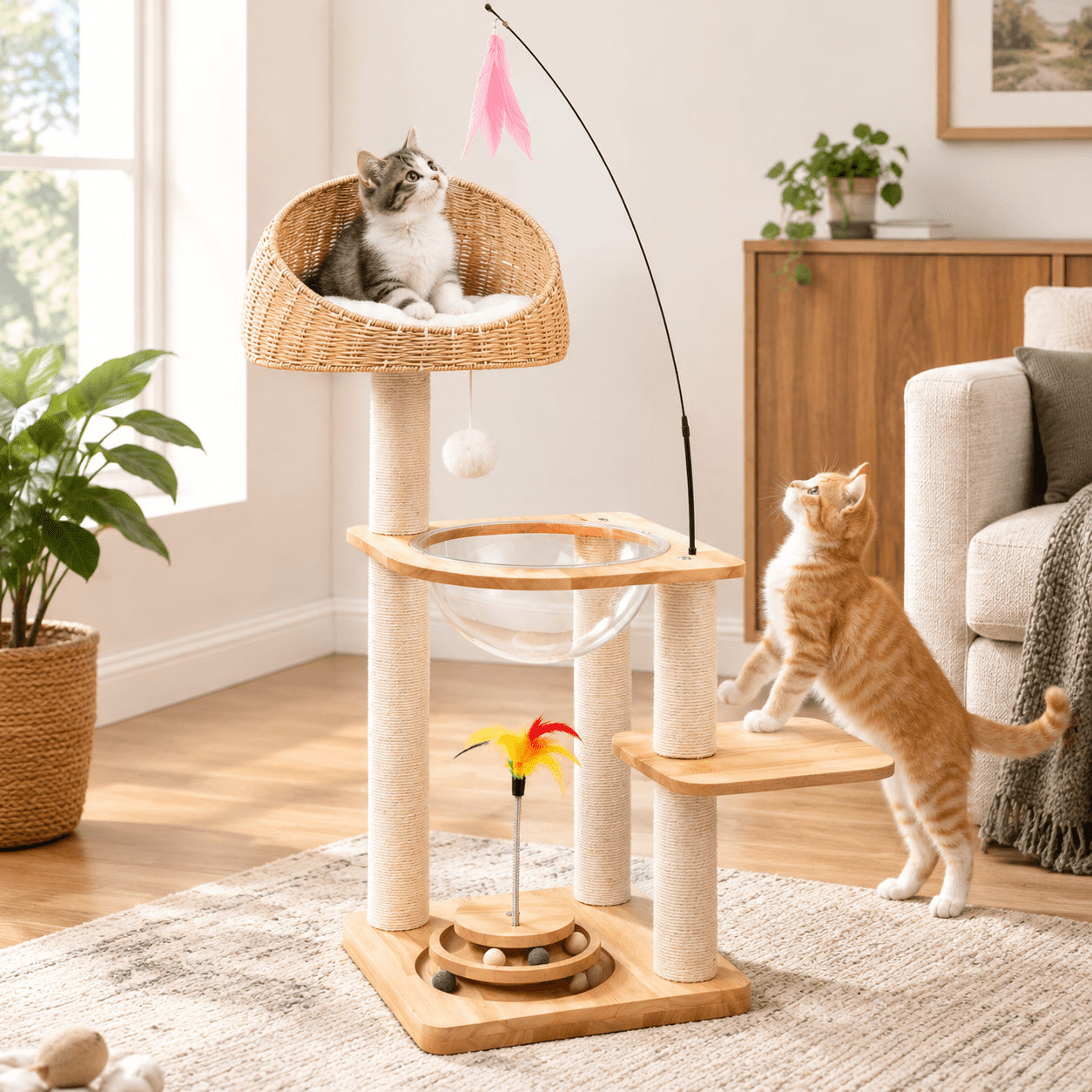 Stackable Cat Tree Solid Wood Cat Tree For Large Cats Modern Tower With & Track Balls ...