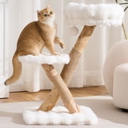 Solid Wood Cat Tree, Modern Cat Tree Tower for Large Indoor Cats, Natural Pear Wooden Aesthetic Cat Condo with Scratching Post for Adult Kittens-white