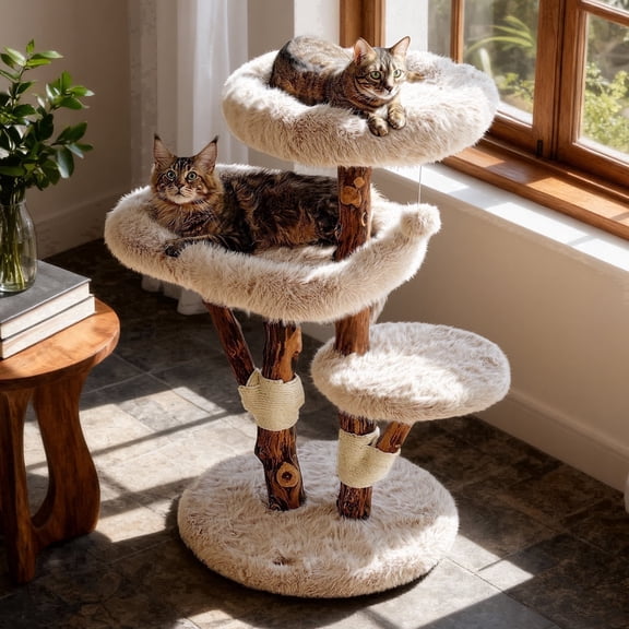 Sopapets 44" H Cat Tree Tower Solid Wood With Luxe Faux Fox Fur, Heavy Duty Tower for Large Cats