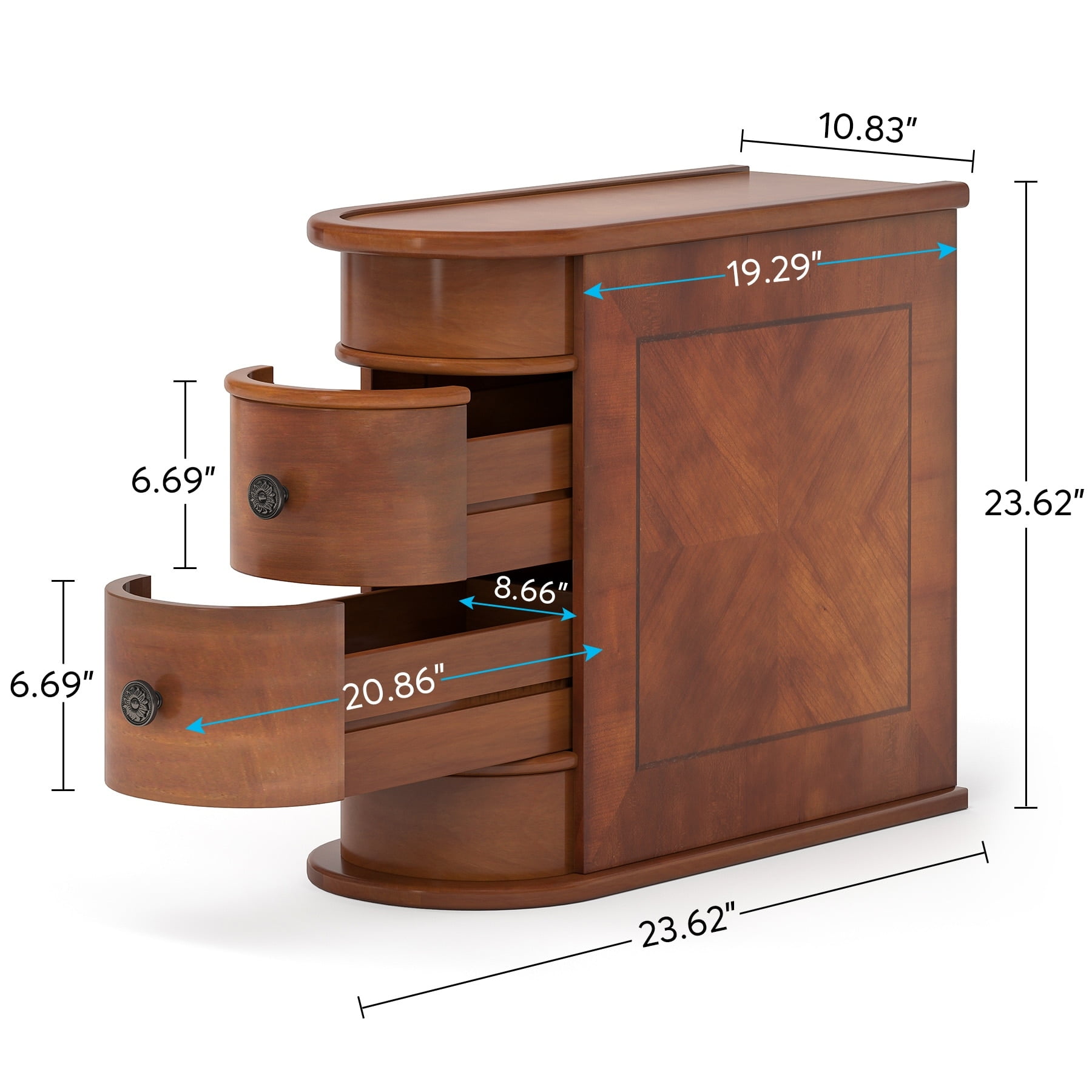 Solid Walnut Brown Rectangular End Table with Storage Drawers