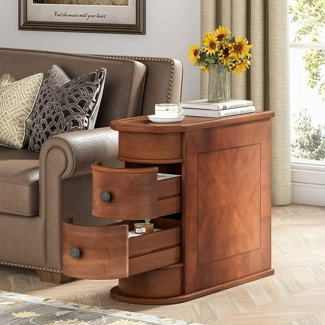 Solid Wood Chairside End Table, TwoDrawer Narrow Side Table Slim Brown 1PC Solid Wood, Drawers