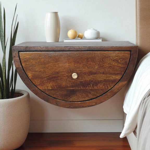 Solid Wood Chestnut Crescent Floating Nightstand, 1-Drawer, Brown