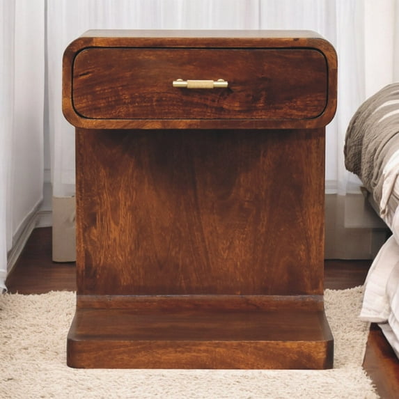 Solid Wood Chestnut T-Bar Rounded Bedside,Dark Brown Solid Wood Furniture Bedroom Nightstands