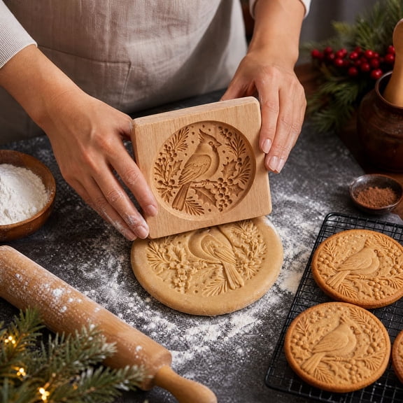 Solid Wood Christmas Animal Cookie Mold – 4.72in Handcrafted Baking Stamp with Bird Hedgehog Puppy Floral Wreath, Deep Engraved Embosser for Holiday Cookies Fondant, 1 Pack