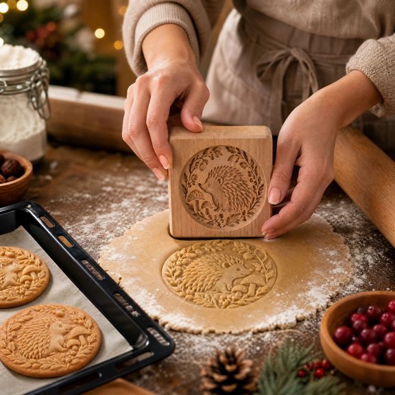 Solid Wood Christmas Animal Cookie Mold – 4.72in Handcrafted Baking Stamp with Bird Hedgehog Puppy Floral Wreath, Deep Engraved Embosser for Holiday Cookies Fondant, 1 Pack