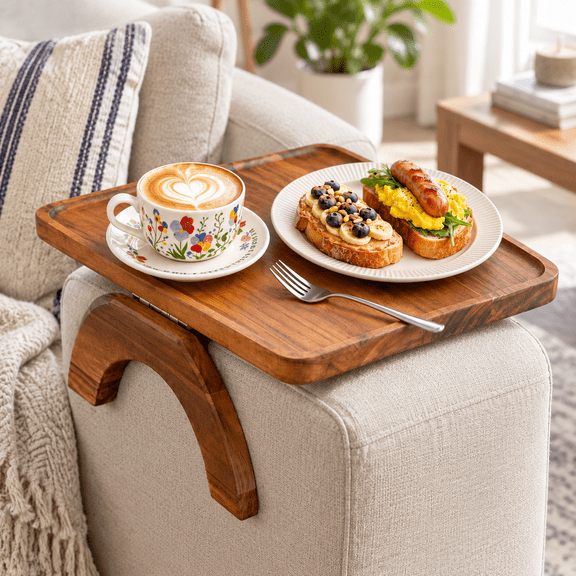 Solid Wood Clip-On Foldable Couch Armrest Table for Snacks and Small Items