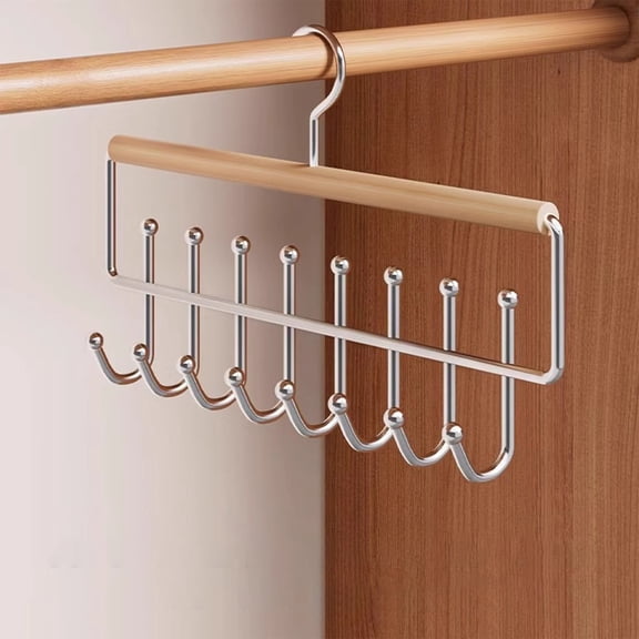 Solid Wood Clothes Hanger Organizer | Eight Hook Storage Rack for Vests Underwear Suspenders | Space-Saving Multipurpose Wardrobe Hanger | Sturdy Stainless Steel | 28.5x18cm | Khaki or Brown