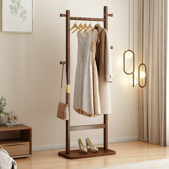 Solid Wood Clothes Rack with 5 Round Hook and Base, Freestanding Coat Rack with 2 Rods, Sturdy Coat Tree for Living Room, Entryway, Office, Hallway, Walnut