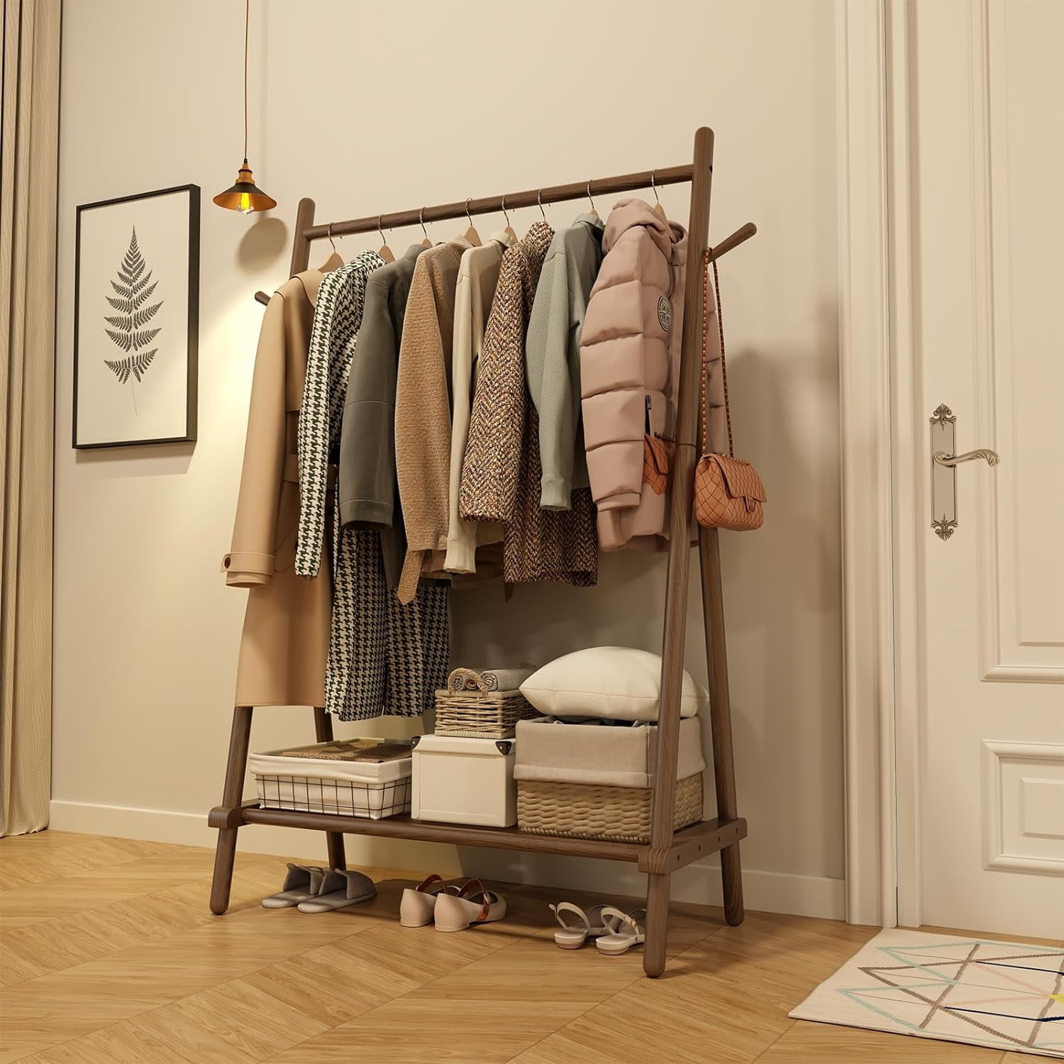 Solid Wood Clothes Rack, Clothing Rack with Shelf and Hook, Sturdy and ...