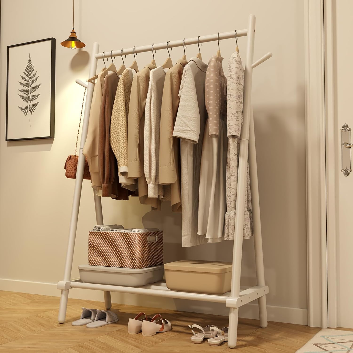 Solid Wood Clothes Rack, Clothing Rack with Shelf and Hook, Sturdy and ...