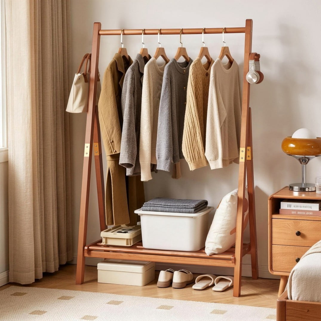 Clothes Rack Storage Solid Wood Clothes Rack, Freestanding Garment Rack with Bottom Storage ...