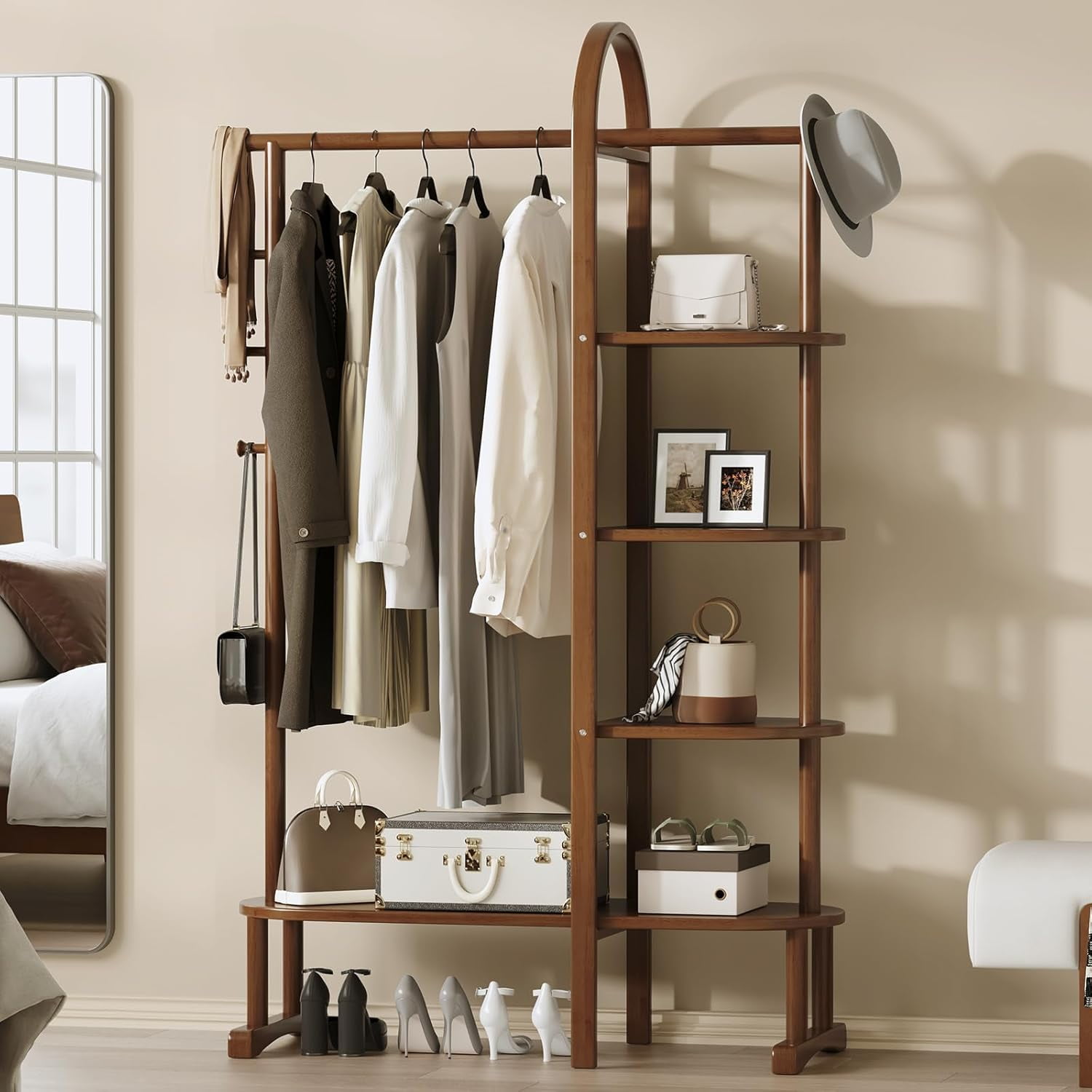 Solid Wood Clothing Rack with 4 Shelves Storage and 5 Wooden Hooks ...