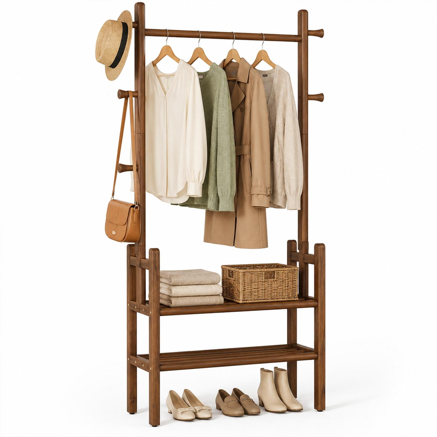 Solid Wood Clothing Rack with Shelves - Coat Rack Freestanding with 6 ...