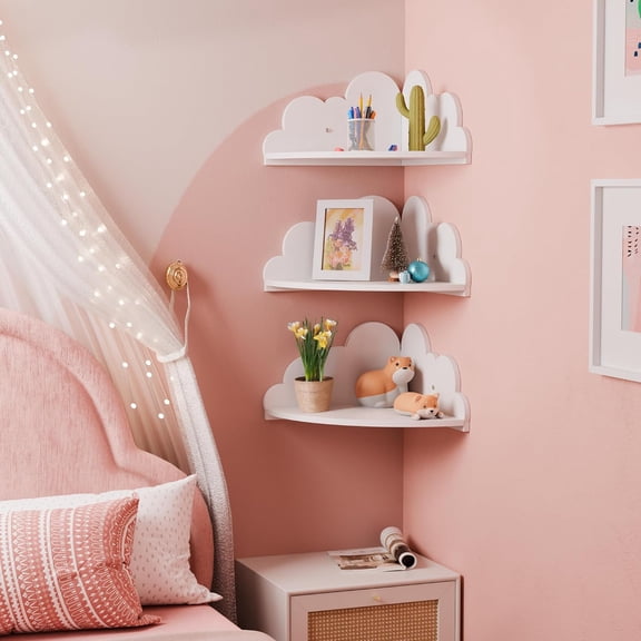 Solid Wood Cloud Floating Corner Shelves for Nursery, Set of 3 Cloud Shaped Wall Shelf, Cute Corner Shelves Wall Mounted White, Small Display Shelf Nursery Decor for Bedroom, Living Room, Bathroom