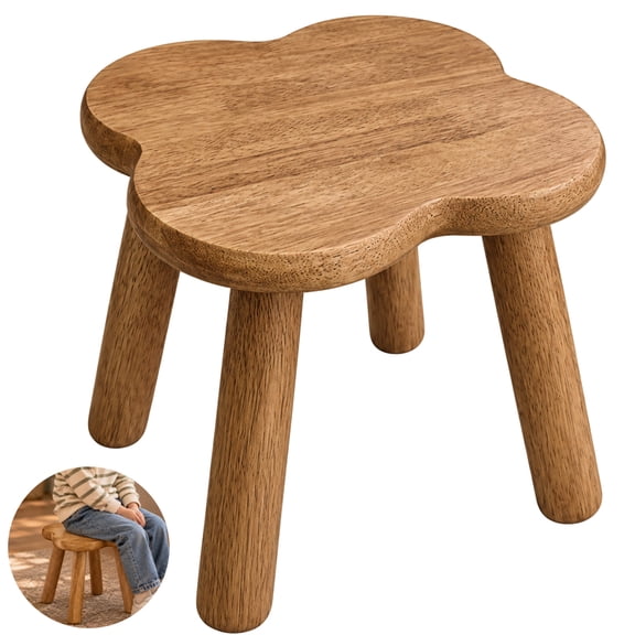Small Wooden Step Stool, Rubberwood Scalloped Seat, 11.6 x 11.6 in, 4 Included Foot Pads, Compact Low Profile, Simple Setup, Suitable for Bedroom, Living Room, and Entryway
