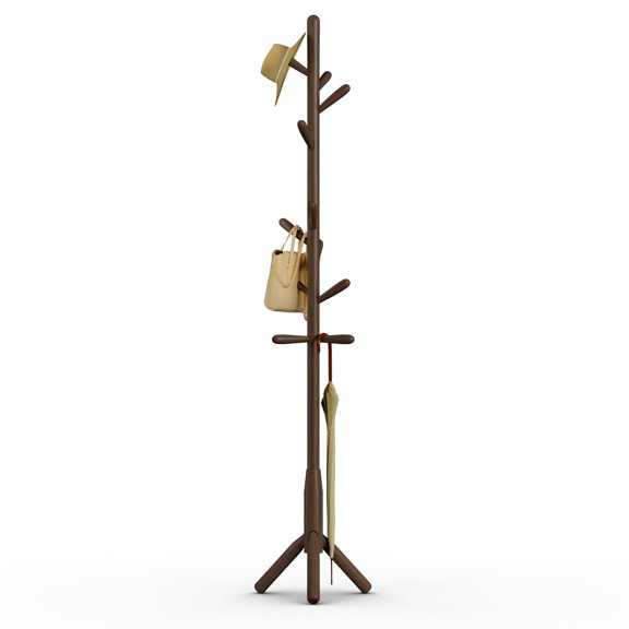 Solid Wood Coat & Hat Rack, Dark Walnut, 3-Leg Base, Freestanding Tree Shape with 11 Hooks for Bedroom Office Entryway