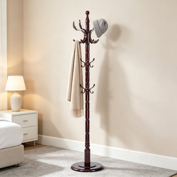 Solid Wood Coat Rack  72" Freestanding Coat Rack Stand with 14 Hooks & Stable Base, Adjustable Height Modern Wooden Hall Tree for Entryway, Bedroom, Office, Home, Mahogany Phoenix Hook