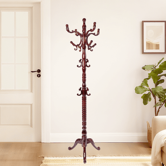 Solid Wood Coat Rack – 73" Freestanding Coat Racks Stand with 14 Hooks and Stable Base for Coats, Hats, Scarves, Adjustable Height Modern Wooden Hall Tree for Entryway, Bedroom, Office, Home