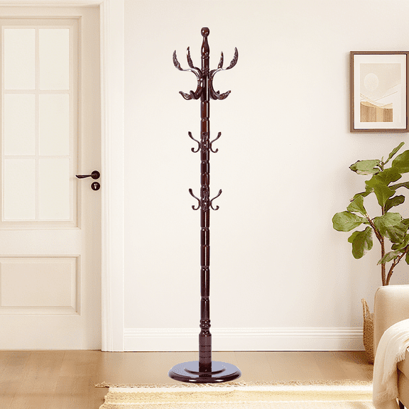 Solid Wood Coat Rack – 73" Freestanding Coat Racks Stand with 14 Hooks and Stable Base for Coats, Hats, Scarves, Adjustable Height Modern Wooden Hall Tree for Entryway, Bedroom, Office, Home