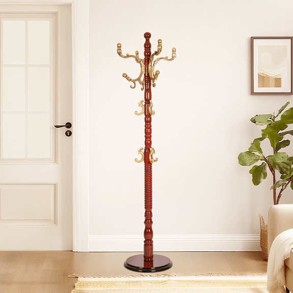 Solid Wood Coat Rack – 73" Freestanding Coat Racks Stand with 14 Hooks and Stable Base for Coats, Hats, Scarves, Adjustable Height Modern Wooden Hall Tree for Entryway, Bedroom, Office, Home